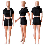 EVE Solid Hooded Zipper Two Piece Shorts Set CH-8210