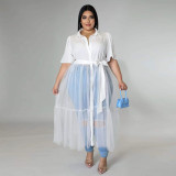 EVE Plus Size Solid Mesh Patchwork Sashes Maxi DressYNB-7248-1