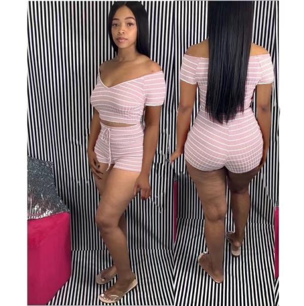 EVE Striped V Neck Two Piece Shorts Sets WUM-22412