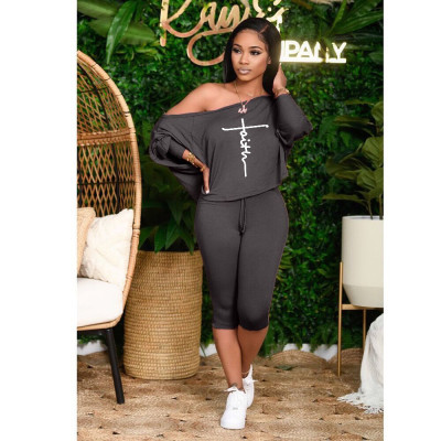 EVE Plus Size Letter Print Off Shoulder Capri Pants Suits YFS-10086