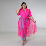 EVE Plus Size Solid Mesh Patchwork Sashes Maxi DressYNB-7248-1