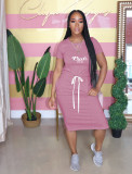 EVE Casual Short Sleeve Solid PINK Letter Print Midi Dress OUQF-OQ079