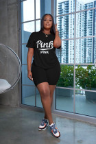 EVE Plus Size Pink Letter Print Two Piece Shorts Sets YFS-10089