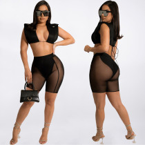 EVE Sexy Sleeveless Crop Top+Mesh Shorts 2 Piece Sets AL-284