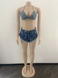 EVE Denim Bra Top And Shorts Two Piece Sets OSM-4354
