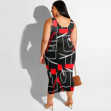 EVE Plus Size Printed Sleeveless Midi Skirt 2 Piece Sets PHF-13279