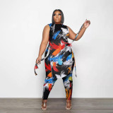 EVE Plus Size Printed Sleeveless Split Two Piece Pants Sets PHF-13278