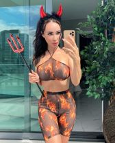 EVE Sexy Casual Mesh Flame Print Halter Top Shorts 2 Piece Sets YACF-YC8060