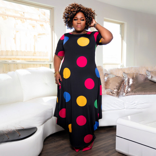 EVE Plus Size Dot Print Short Sleeve Loose Maxi Dress NNWF-7499