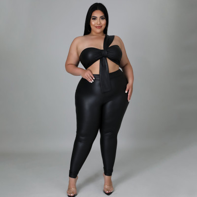 EVE Plus Size Black PU Leather Two Piece Pants Sets NNWF-7338