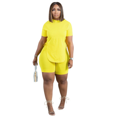 EVE Plus Size Solid Color Side Tie Up Short Sleeve Shorts 2 Piece Sets CYA-1986