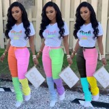 EVE Casual PINK Letter Print T-shirt Contrast Ruched Pants 2 Piece Set XYKF-9025