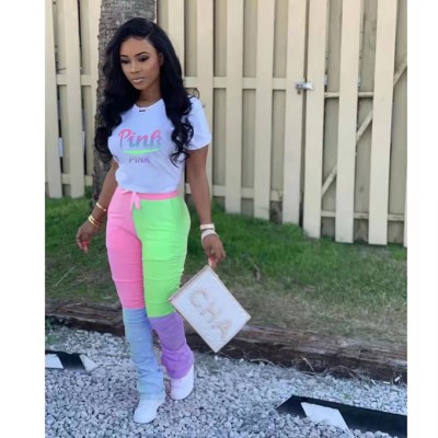 EVE Casual PINK Letter Print T-shirt Contrast Ruched Pants 2 Piece Set XYKF-9025