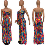 EVE Sexy Printed Tie-Up Tube Top Wide Leg Pants 2 Piece Sets BGN-243