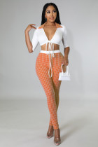 EVE Houndstooth Half Sleeve Two Piece Pants Sets LINW-9340