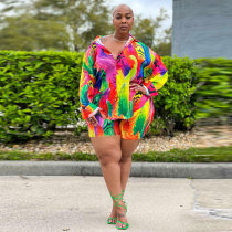 EVE Plus Size Printed Long Sleeve Two Piece Shorts Sets NY-2402