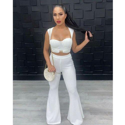 EVE White Crop Top Flared Pants Two Piece Sets BN-B830