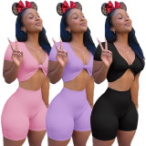 EVE Solid Crop Top And Shorts Two Piece Sets YSYF-7571