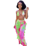 EVE Plus Size Sexy Printed Mesh See Through Ruffled Two Piece Sets SH-3592