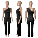 EVE Plus Size Solid One Shoulder Zipper Jumpsuit HEJ-8013