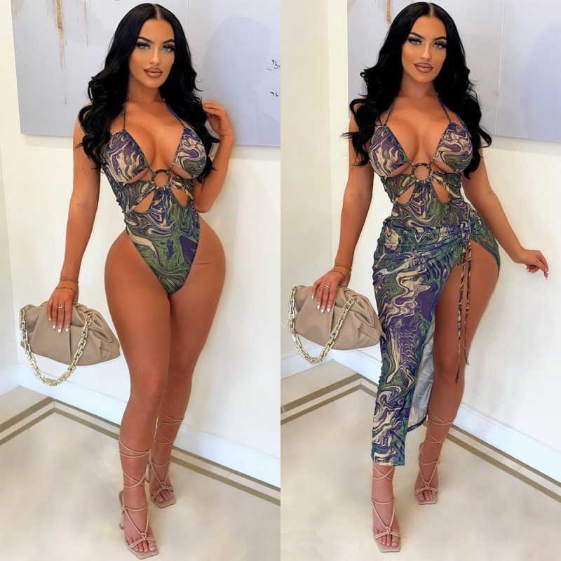 EVE Sexy Printed Bodysuit+Split Skirt Two Piece Sets BN-9327