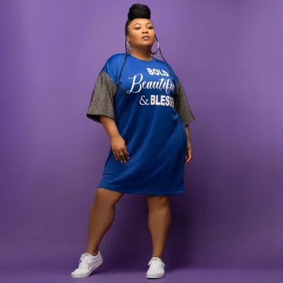 EVE Plus Size Letter Print Patchwork T-Shirt Dress NNWF-7485