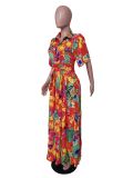 EVE Floral Print Short Sleeve Buttons Sashes Maxi Dress MK-3090