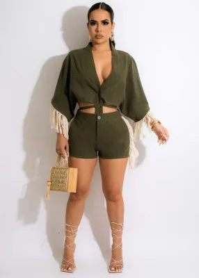 EVE Casual Tassel Batwing Sleeve Two Piece Shorts Sets MEM-88437