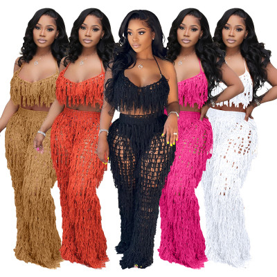 EVE Sexy Tassel Crochet Hollow Out Two Piece Sets NYF-8115