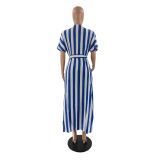 EVE Striped V Neck Short Sleeve Sashes Long Shirt Dress YN-88857