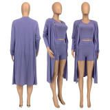 EVE Solid Ribbed Tank Top+Long Sleeve Cloak+Shorts 3 Piece Sets GLF-10104