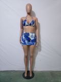 EVE Sexy Printed Halter Bra Mini Skirt Beach 2 Piece Sets JH-313