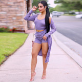 EVE Solid Ribbed Tank Top+Long Sleeve Cloak+Shorts 3 Piece Sets GLF-10104