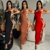 EVE Solid Sexy Lace-Up Hollow Out Sling Maxi Dress WSYF-5936
