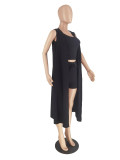 EVE Solid Ribbed Tank Top+Sleeveless Cloak+Shorts 3 Piece Sets ZDF-31210