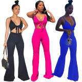 EVE Solid Bow-Tie Hollow Out Flared Jumpsuit JRF-3694