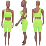 EVE Solid One Shoulder Tank And Shorts 2 Piece Sets ME-S799