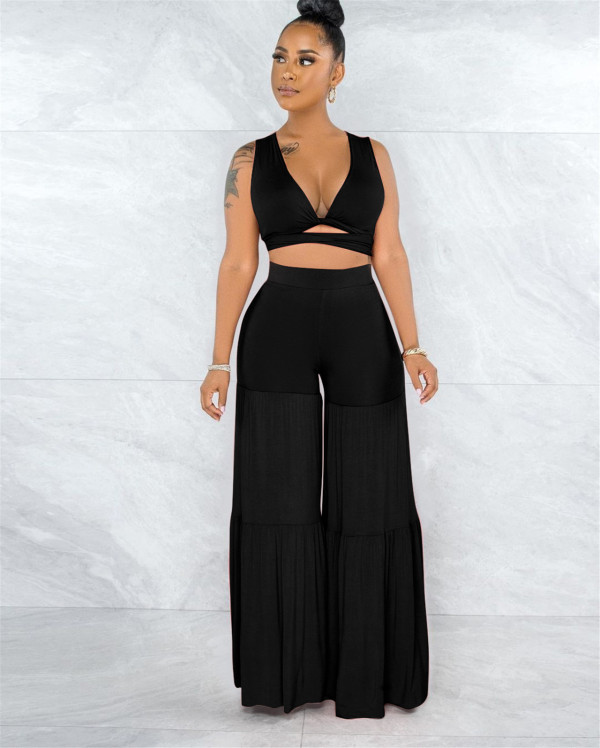 EVE Solid Sleeveless Crop Top Wide Leg Pants 2 Piece Sets ME-S807