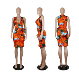 EVE Plus Size Floeal Print V Neck Sleeveless Sashes Dress SHE-8110