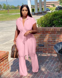 EVE Plus Size Solid Short Sleeve Sashes Jumpsuit NM-8513
