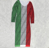EVE Plus Size Printed Long Sleeve Maxi Dress QCRF-8062