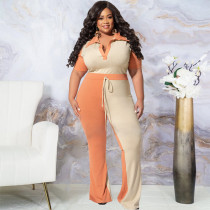 EVE Plus Size Ribbed Contrast Color Two Piece Pants Sets OSIF-22265