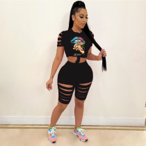 EVE Lip Print Hole Two Piece Shorts Set GCNF-01261