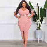 EVE Plus Size Solid V Necl Short Sleeve Midi Dress (Without Belt)OSIF-22288