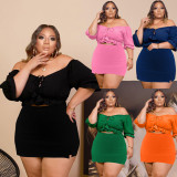 EVE Plus Size Solid Slash Neck Crop Top Mini Skirt Sets PHF-13285