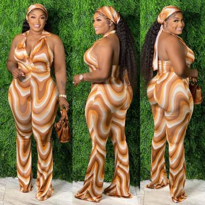 EVE Plus Size Printed Halter Jumpsuit (Without Headband)HEJ-6121