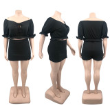 EVE Plus Size Solid Slash Neck Crop Top Mini Skirt Sets PHF-13285