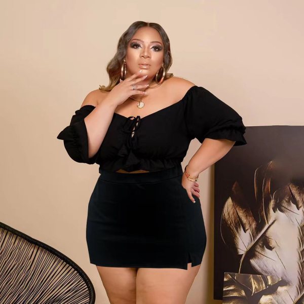 EVE Plus Size Solid Slash Neck Crop Top Mini Skirt Sets PHF-13285