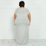 EVE Plus Size Striped Short Sleeve Split Maxi Dress OSIF-22301