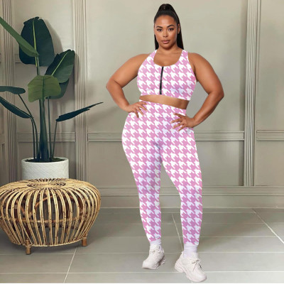 EVE Plus Size Houndstooth Print Tank Top And Pants Sets QGBF-8028
